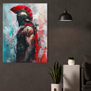 May include: Abstract art print of a Spartan warrior in profile, rendered in bold strokes of red, black, and brown against a backdrop of white, gray, and teal. The warrior wears a helmet with a red crest and a red cape.