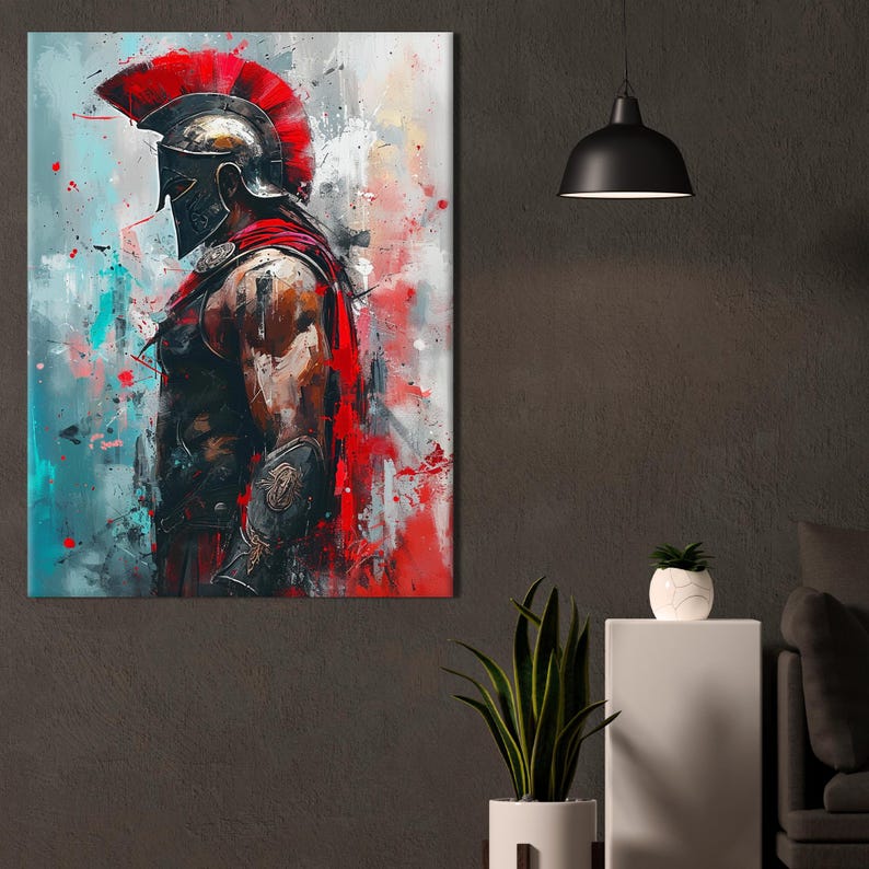 May include: Abstract art print of a Spartan warrior in profile, rendered in bold strokes of red, black, and brown against a backdrop of white, gray, and teal. The warrior wears a helmet with a red crest and a red cape.