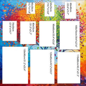 May include: A colorful abstract painting with a tree in the center. The painting is available in various sizes, ranging from 40x30 cm to 130x90 cm.