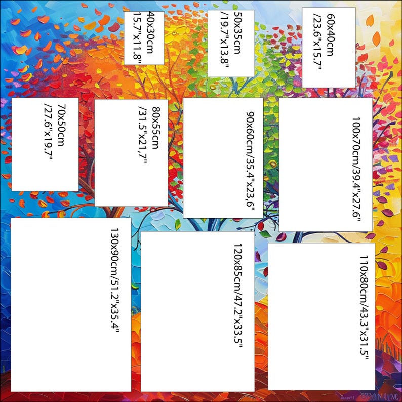May include: A colorful abstract painting with a tree in the center. The painting is available in various sizes, ranging from 40x30 cm to 130x90 cm.