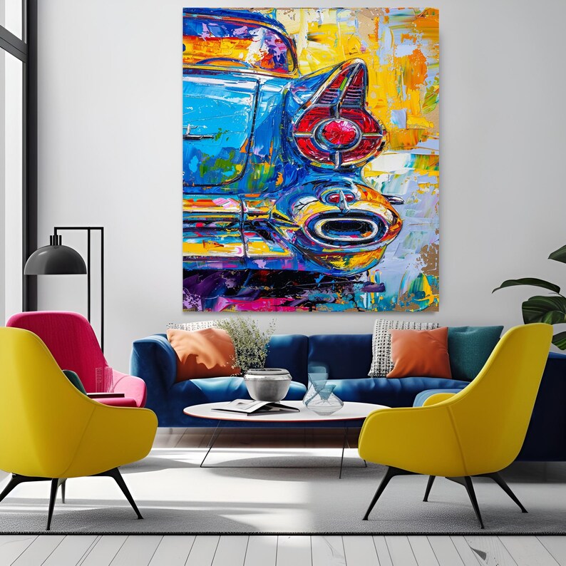 Classic Car Artwork Pop Art Canvas Abstract Car Painting Vintage Car Decor Large Wall Art Modern Art Automotive Wall Art Retro Car Decor image 2