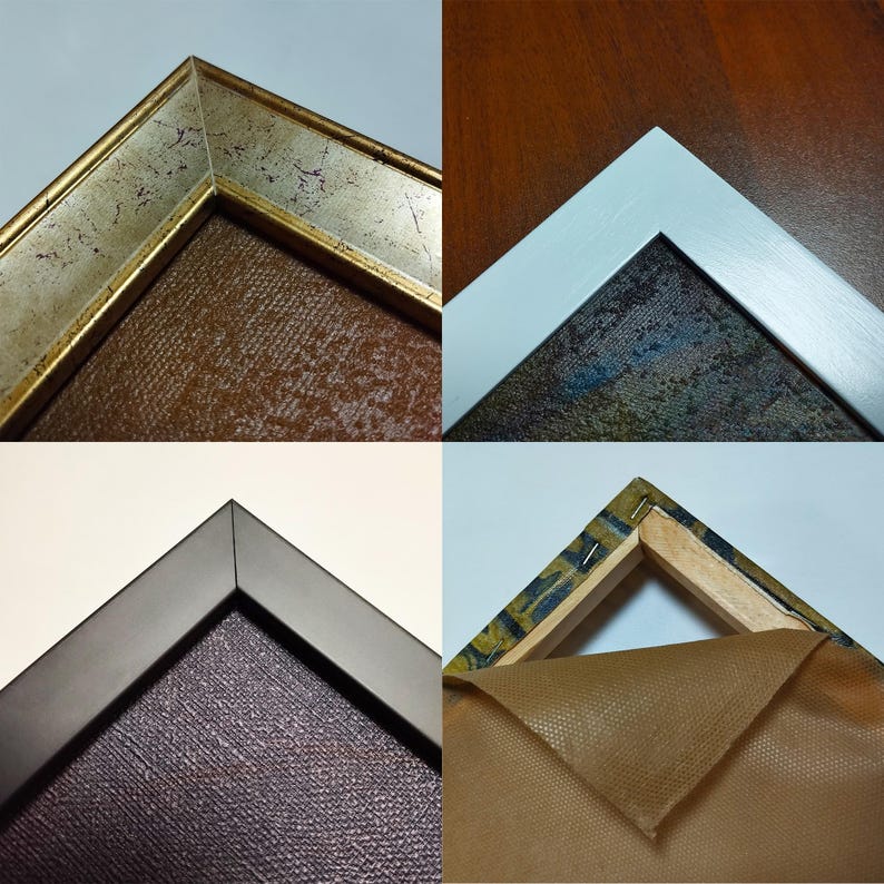 May include: Close-up of four different types of picture frames. The frames are made of wood and metal and come in a variety of colors, including gold, white, and black. The frames are all in the same style, with a simple, clean design.