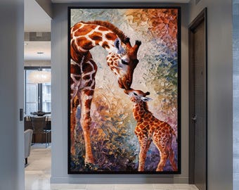 Giraffe Gift Gift for Mom African Art Giraffe Family Decor Animal Family Art Nursery Canvas Natural Art Large Artwork Black Framed Art