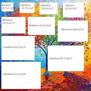 May include: A colorful abstract painting of a tree with fall foliage. The painting is divided into squares with different sizes and dimensions, each with a different color and design. The painting is framed with a white border and includes measurements in inches and centimeters.