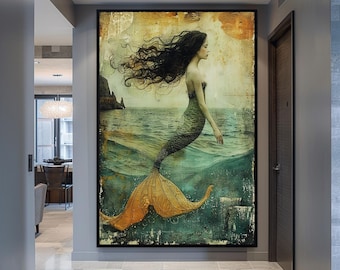 Mermaid wall Art Vintage Decor Canvas Wall Art Gift for Lover Ocean Themed Art Mermaid Gift Mermaid Decor Extra Large Wall Art Home Decor