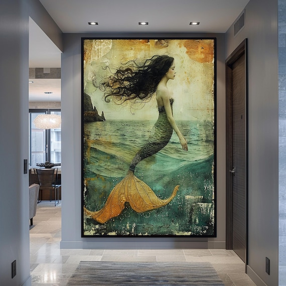 Mermaid wall Art Vintage Decor Canvas Wall Art Gift for Lover Ocean Themed Art Mermaid Gift Mermaid Decor Extra Large Wall Art Home Decor