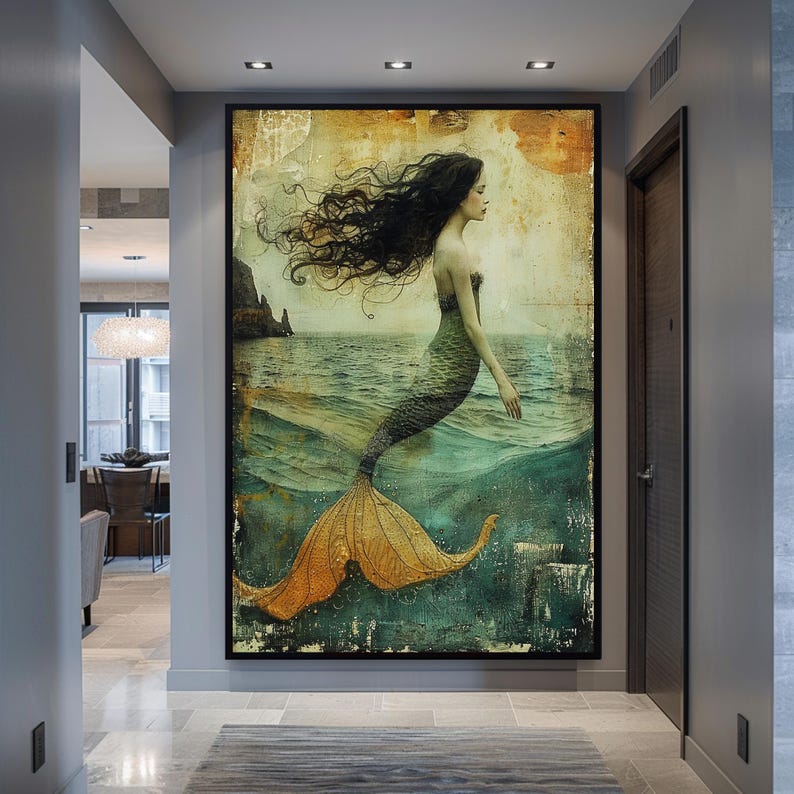 May include: A vintage-style painting of a mermaid with long flowing hair and a golden tail, swimming in a turquoise ocean.