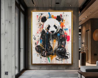 【原画一点物】パンダ×ロケットF4｜ペインテッド・サイレンス　ストリートアート Banksy Panda with Guns Graffiti Street Art Illustrations Canvas