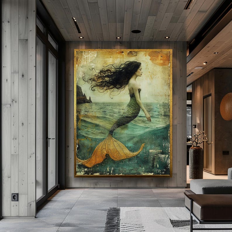 May include: A vintage-style painting of a mermaid with long flowing dark hair, a green tail, and a golden tail fin. The mermaid is swimming in a turquoise ocean with a rocky cliff in the background.