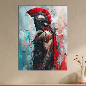 May include: An abstract painting of a Spartan warrior in profile. The warrior is depicted in a helmet with a red plume and a red cape, set against a backdrop of red, white, and blue paint splatters. The artwork has a textured, artistic style.