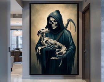 Grim Reaper Portrait Death Decor Interior Design Bar Decor Wall Hanging Halloween Gift Large Framed Art Gift for Man Housewarming Gift