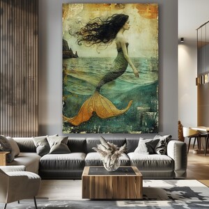 Mermaid wall Art Vintage Decor Canvas Wall Art Gift for Lover Ocean Themed Art Mermaid Gift Mermaid Decor Extra Large Wall Art Home Decor image 2
