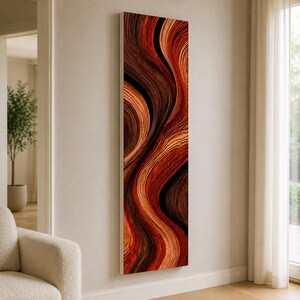 May include: A tall, rectangular wall art piece featuring a vertical abstract design with flowing, wave-like patterns in deep shades of red, burnt orange, brown, and black, creating a sense of movement and depth across the entire surface.