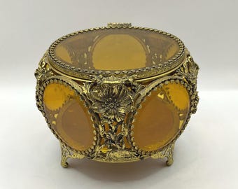 Antique Jewelry Casket Victorian Ormolu Filigree Amber Beveled Glass Box