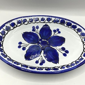 Vintage Italian Ceramic Hand Painted White and Blue Oval Serving Tray