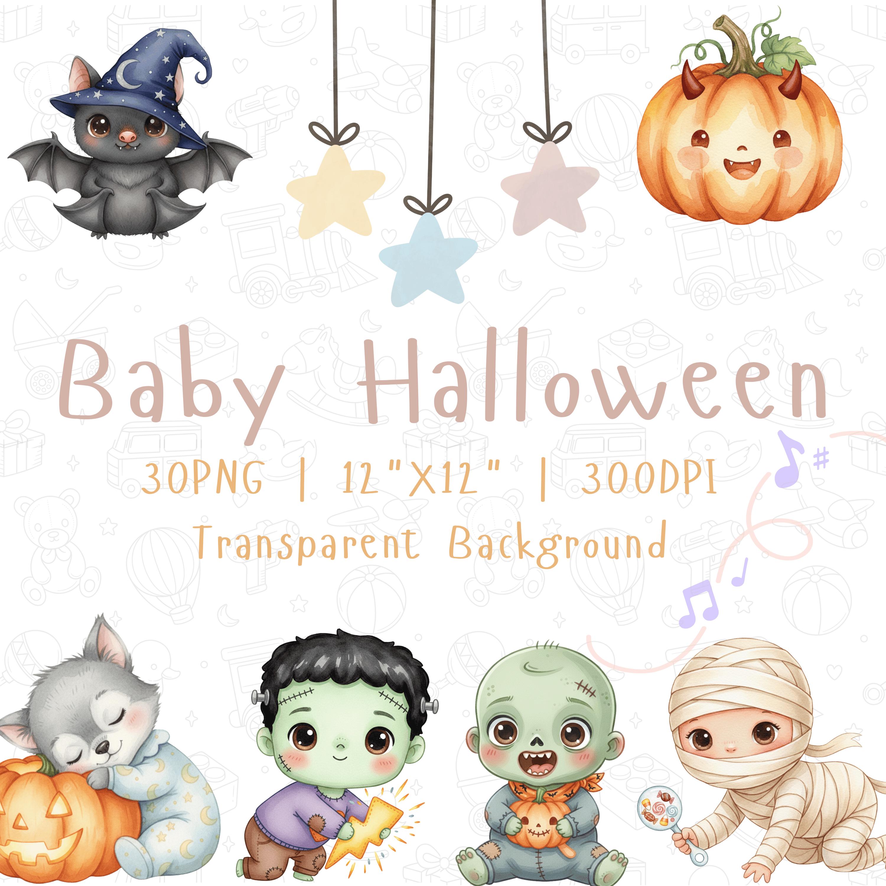 Kawaii Halloween Clipart: Baby Ghost, Pumpkin, Witch PNG (digital