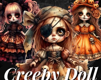 May include: Digital art featuring three creepy dolls with stitched faces and dark eye makeup. The dolls wear tattered dresses in shades of orange, black, and brown. One doll has an eye patch. The image includes the text "Creepy Doll" and "30PNG".