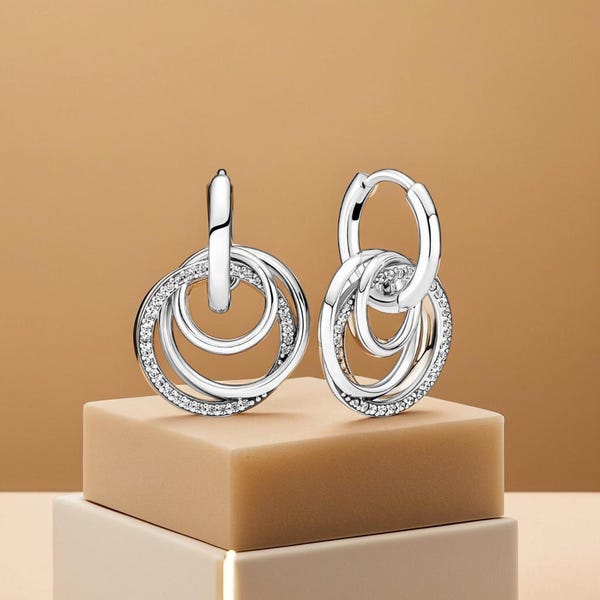 Pendientes de aro con círculos familiares Pendientes colgantes con círculos retorcidos imprescindibles: joyas Pandora para mujer en estilo plateado brillante