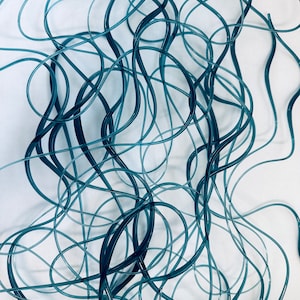 May include: Abstract image of intertwined teal-colored tubing against a white background. The tubing is arranged in a complex, looping pattern, creating a sense of depth and movement. The lighting highlights the curves and shadows of the material.