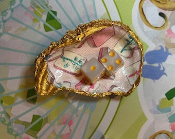 Oyster Shell Trinket Tray • Mahjong Dice Dish • Ring Holder • Mahj Decoupaged Jewelry Dish