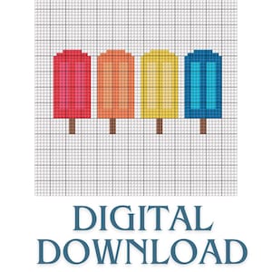 May include: A digital download featuring a cross-stitch pattern of four colorful popsicles. The popsicles are red, orange, yellow, and blue, each with a brown stick. The words "DIGITAL DOWNLOAD" are below the popsicles.