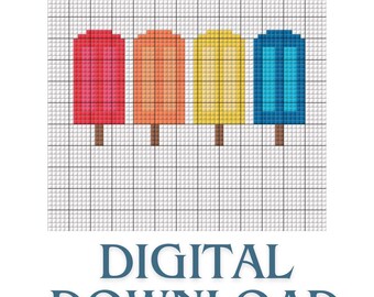 May include: A digital download featuring a cross-stitch pattern of four colorful popsicles. The popsicles are red, orange, yellow, and blue, each with a brown stick. The words "DIGITAL DOWNLOAD" are below the popsicles.