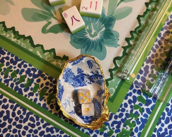 Oyster Shell Trinket Tray • Mahjong Dice Dish • Ring Holder • Decoupaged Jewelry Dish