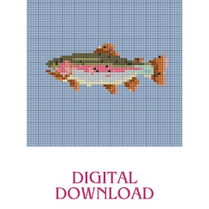 Puede incluir: Un diseño pixelado de trucha arcoíris en tonos verdes, rosas, naranjas y blancos, sobre un fondo azul claro. Las palabras "DESCARGA DIGITAL" se muestran en burdeos debajo.