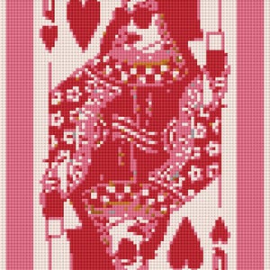 May include: A pink playing card with a white border. The card is the Queen of Hearts. The queen is depicted in a red dress with a white collar and a crown. The background is a red and white pattern.