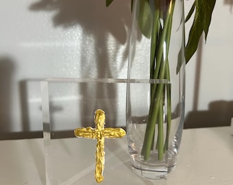 Handcrafted Gold Cross Acrylic Block: Modern Christian Art (3” x 3”)