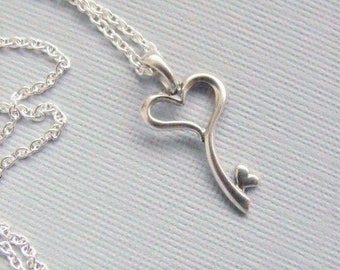 Sterling Silver Skeleton Heart Key Necklace, Key To My Heart Charm Necklace, Gifts For Girlfriend, Gifts For Her,