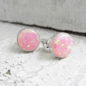 Pink Opal Stud Earrings: Dainty Sterling Silver, Round Fire Opal