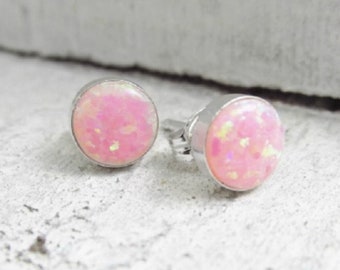 Pink Opal Stud Earrings, Small Dainty, Sterling Silver, Round Pink Fire Opal, Gift For Her, Flower Girl Gift