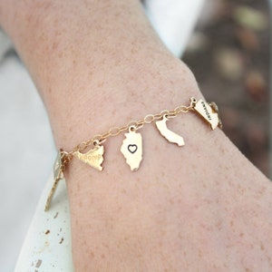 Gold State Charm Bracelet, Personalized Tiny State Charms, Graduation Gift, Going Away Gift, Traveling State Bracelet image 3