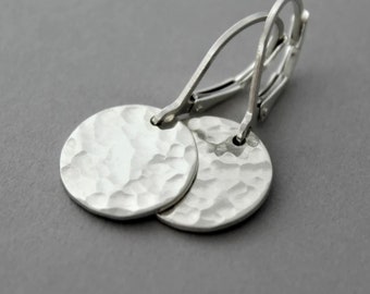 Sterling Silver Circle Earrings, Dainty Lightweight Everyday Wear, Round Hammered Dangling Disc, Lever Back, Hook Ear Wire