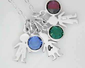 Personalized Sterling Silver Necklace with Childrens Initials and Birthstone, Child Silhouette Charm Necklace