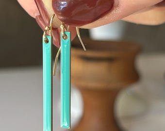 Long Dangling Turquoise Bar Earrings. 14k Gold Filled Ear Wire Lever Back or Hook