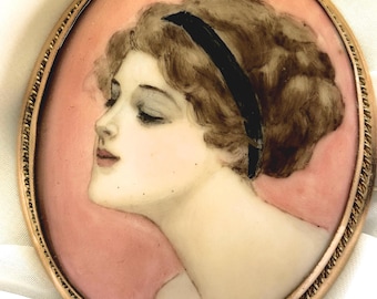 Antique Porcelain Portrait Brooch Pendant, Hand Painted Edwardian Gibson Girl Pin, Large 2.5" Brass Frame, Victorian Sentiment Jewelry