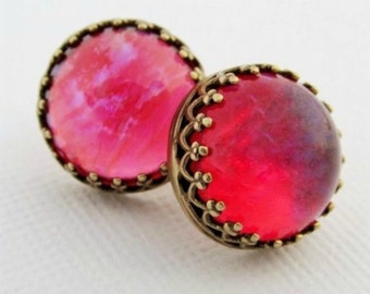 Round Red Opal Earrings, Red Stud Post Earrings, Mexican Opal Earrings, Dragons Breath Opal Earrings, Red & Purple Jewelry, Gifts For Her