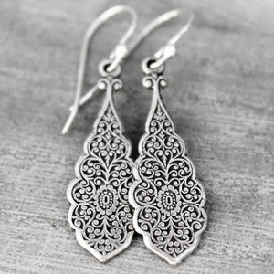 Dangling Silver Earrings, Sterling Silver, Art Nouveau Style Earrings, Teardrop Earrings, Silver drop Earrings, Lever Back Ear Wire, Long image 1