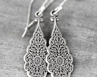Dangling Silver Earrings, Sterling Silver, Art Nouveau Style Earrings, Teardrop Earrings, Silver drop Earrings, Lever Back Ear Wire, Long