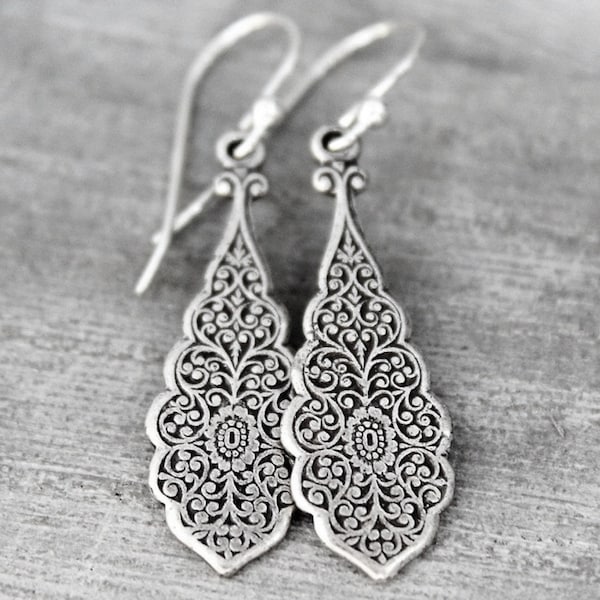 Dangling Silver Earrings, Sterling Silver, Art Nouveau Style Earrings, Teardrop Earrings, Silver drop Earrings, Lever Back Ear Wire, Long