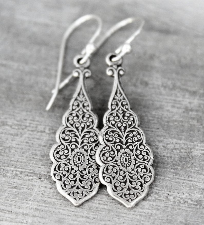 Dangling Silver Earrings, Sterling Silver, Art Nouveau Style Earrings, Teardrop Earrings, Silver drop Earrings, Lever Back Ear Wire, Long image 1