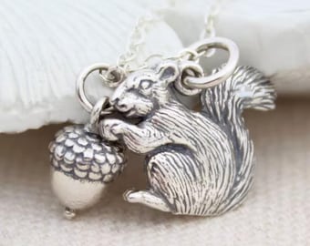 Sterling Silver Squirrel and Acorn Necklace: Nature Lover Gift