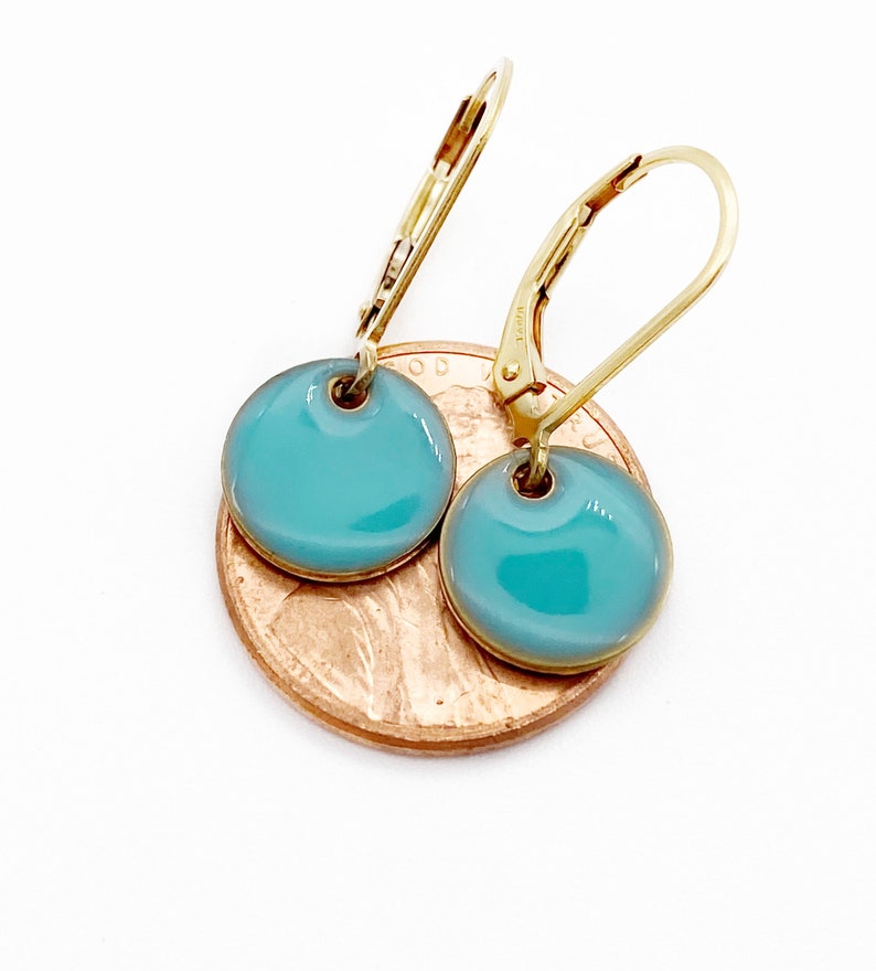 Tiny Round Turquoise Earrings in 14k Gold Filled Lever back or Shepherd Hook/French Hook Ear wire, Dangling Little Circles, Dots image 7