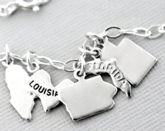 Sterling Silver Chain Link State Charm Bracelet, Silver Plated Charms, Gift For Her