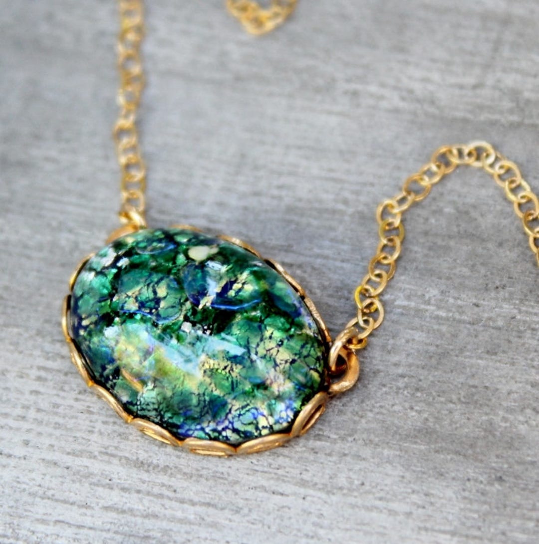 Vintage Gold Green Fire Opal Turtle Pendant Necklace