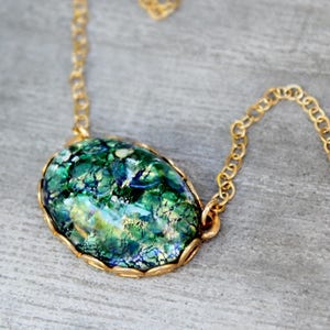 Green Fire Opal Necklace: 14k Gold Filled Chain, Vintage Style Pendant