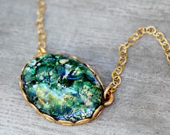Green Fire Opal Necklace: 14k Gold Filled Chain, Vintage Style Pendant