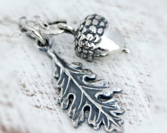 Sterling Silver Acorn and Oak Leaf Necklace, Autumn Lovers Necklace, Small Acorn Charm Necklace